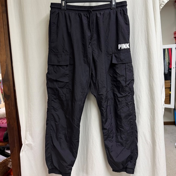 PINK Victoria's Secret Pants - Victoria's Secret PINK Women Black Windbreaker Cargo Jogger Pants Logo Medium